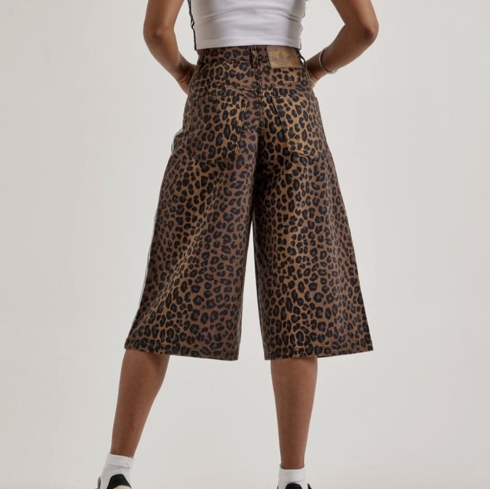 adidas Leopard Print Wide-Leg Jean Shorts in Brown and Black